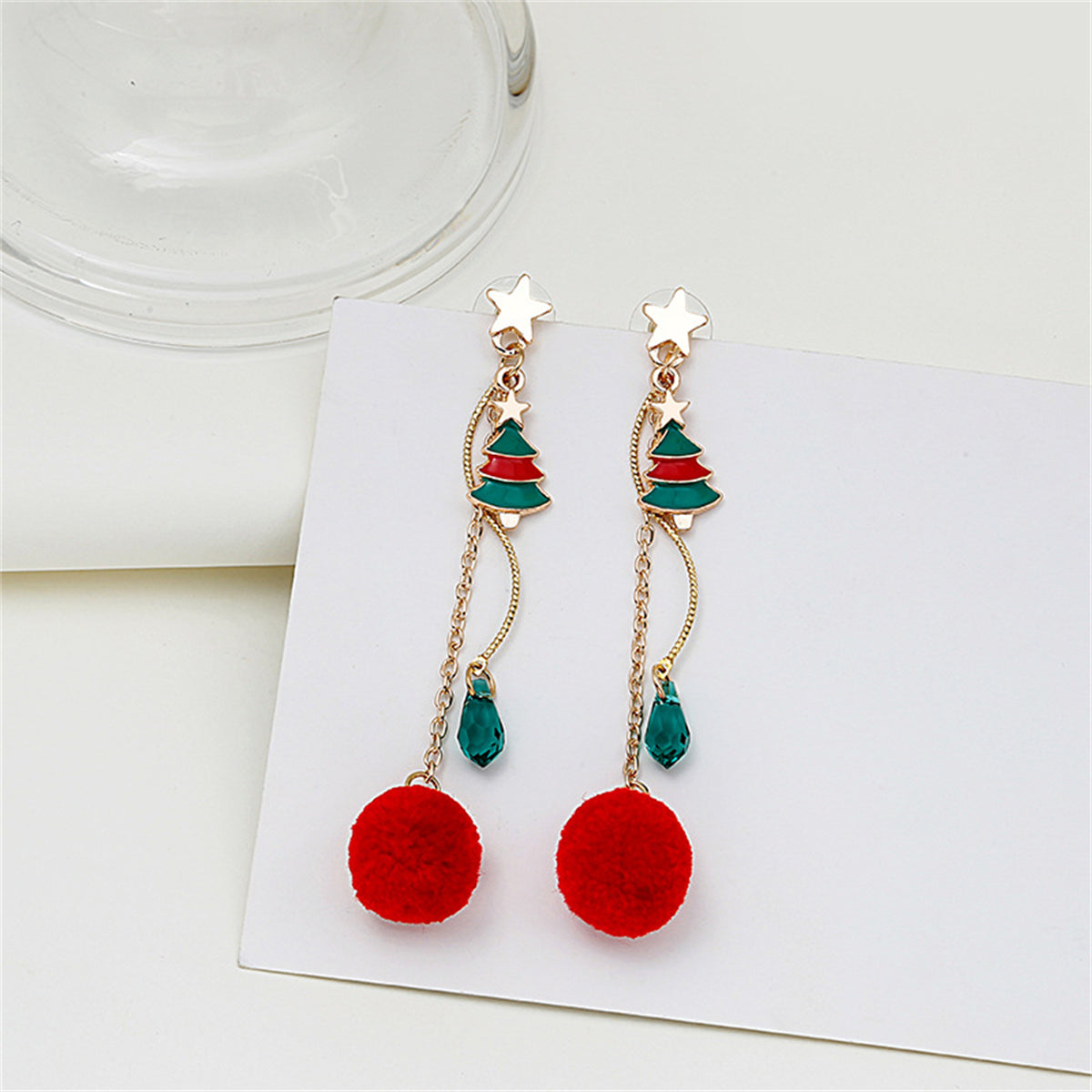 Crystal and Enamel 18K Gold-Plated Star and Tree Pom-Pom Drop Earrings, gold drop earrings for women, detail close-up
