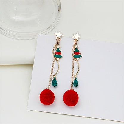 Crystal and Enamel 18K Gold-Plated Star and Tree Pom-Pom Drop Earrings, gold drop earrings for women, detail close-up