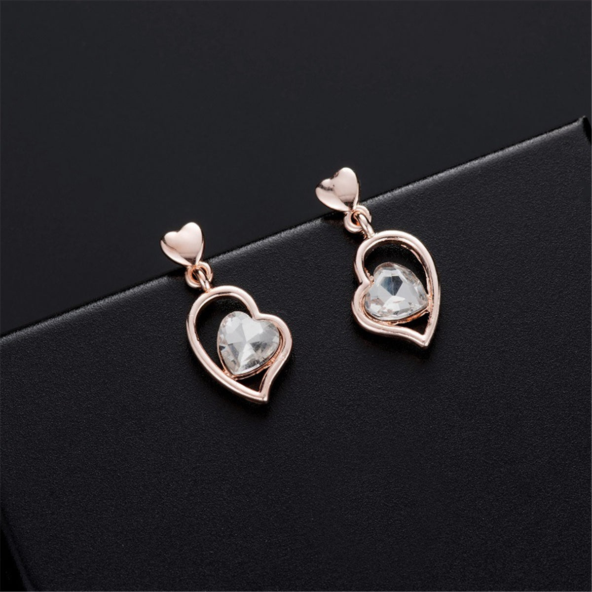 Crystal and 18K Rose Gold-Plated Heart Pendant Necklace and Earrings, rose gold drop earrings for women, side view