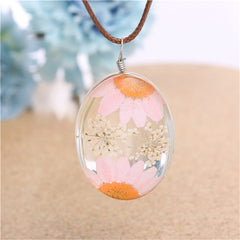 Pink Peach Blossom & Resin Cord Silver-Plated Oval Pendant Necklace
