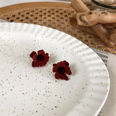 Red Flocked & Silver-Plated Flower Stud Earrings