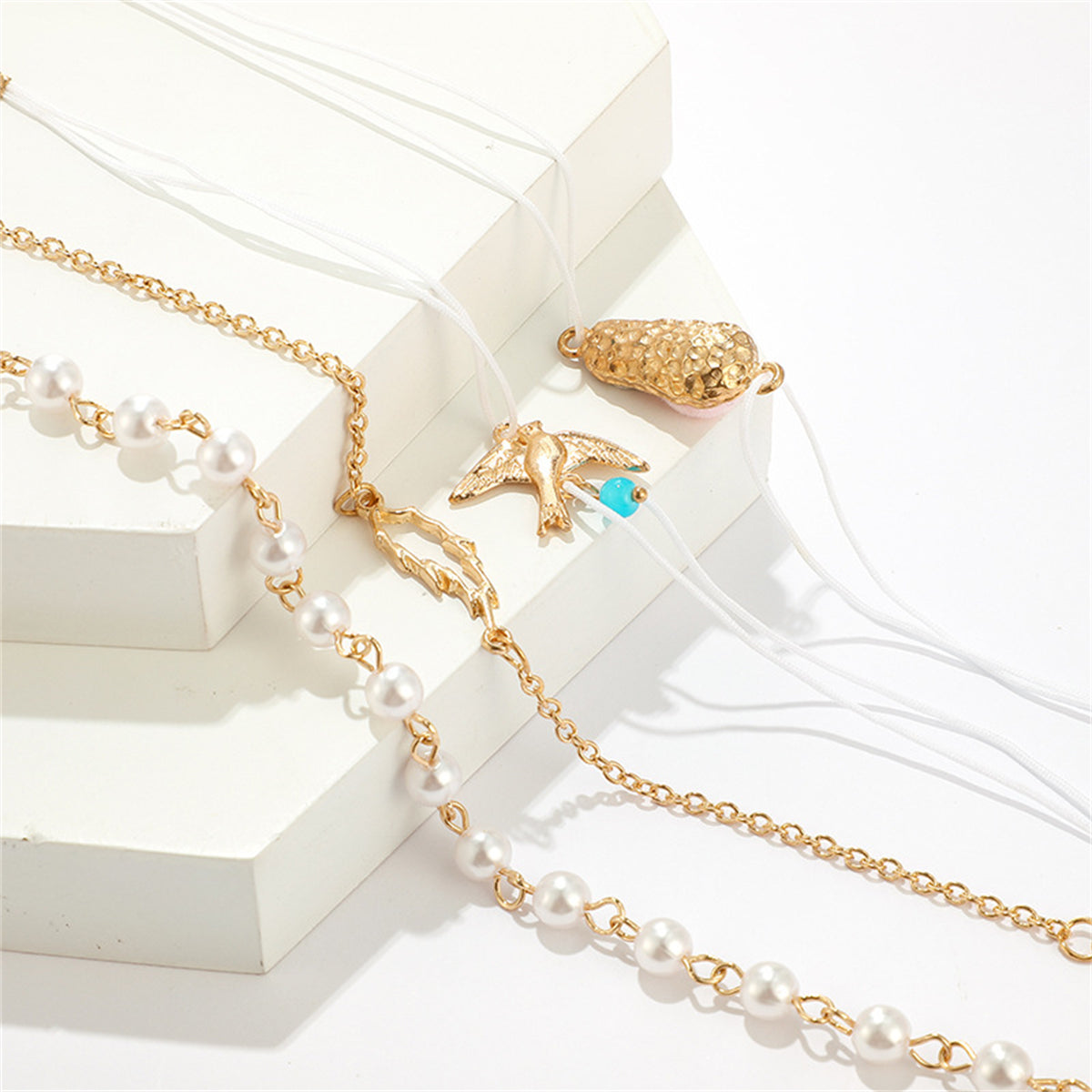 Pearl & Turquoise Bird Charm Anklet Set