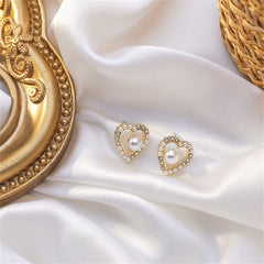 Pearl & Cubic Zirconia 18K Gold-Plated Heart Stud Earring