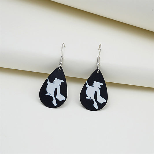 Black Polystyrene and Silver-Plated Witch Drop Earrings, silver drop earrings for women, everyday style, front view