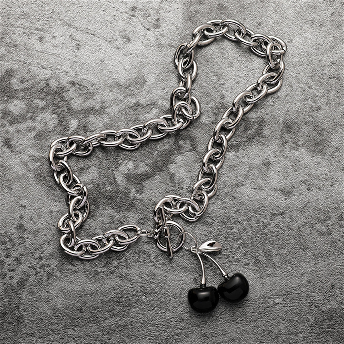 Black Enamel & Silver-Plated Cherry Pendant Toggle Necklace