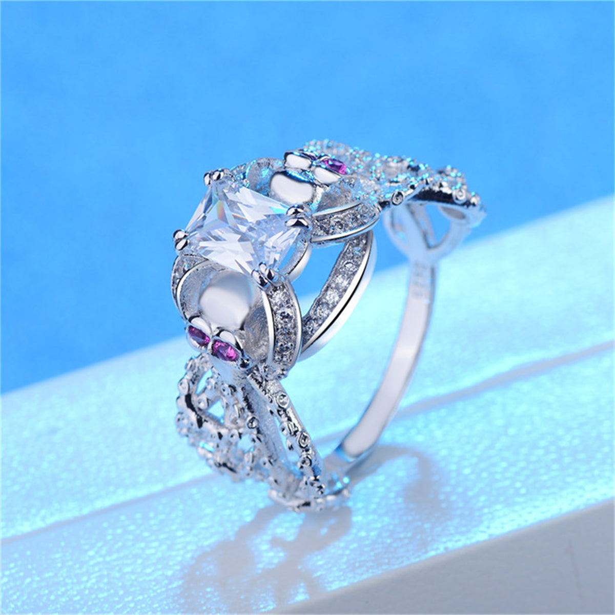 Crystal and Cubic Zirconia Openwork Skull Ring, statement rings for women, vintage-inspired design, front view
