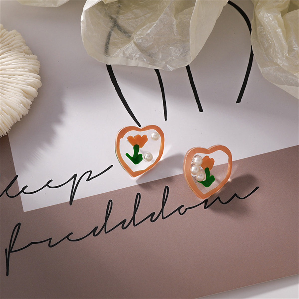 Pearl & Resin Floral Heart Stud Earrings