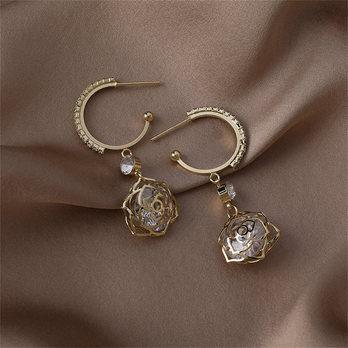 Cubic Zirconia & 18K Gold-Plated Open Rose Drop Earrings
