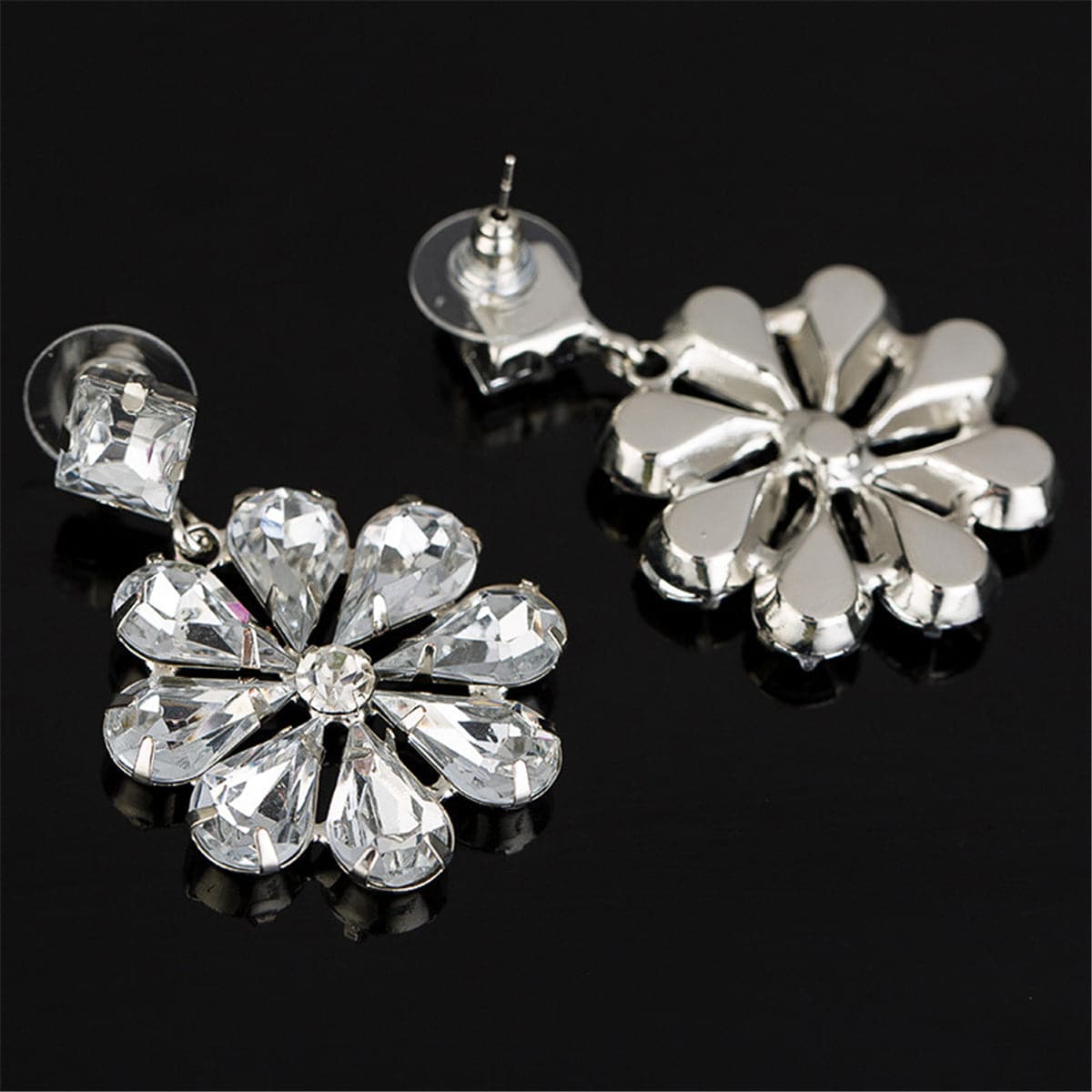 Cubic Zirconia and Crystal Flower Drop Earrings, drop earrings for women, vintage-inspired design, side view