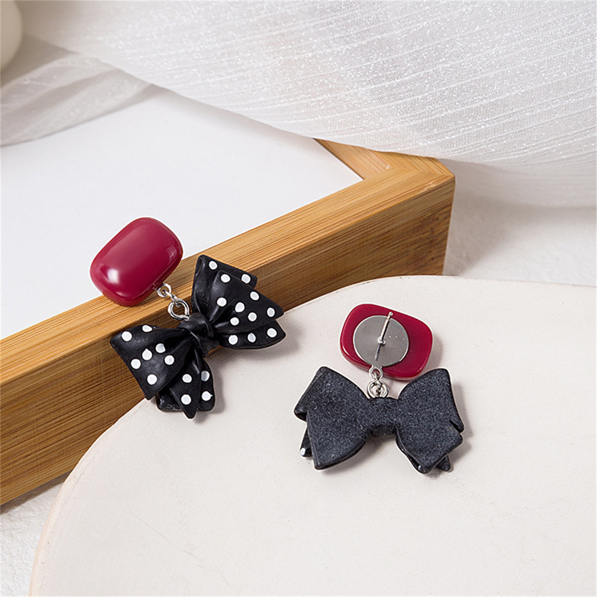 Red & Black Polka Dot Bow Drop Earrings