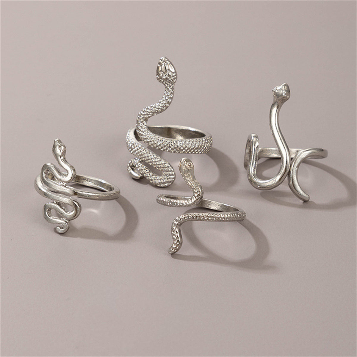 Silver-Plated Textured Snake Ring Set, silver statement rings for women, botanical inspired, lifestyle look