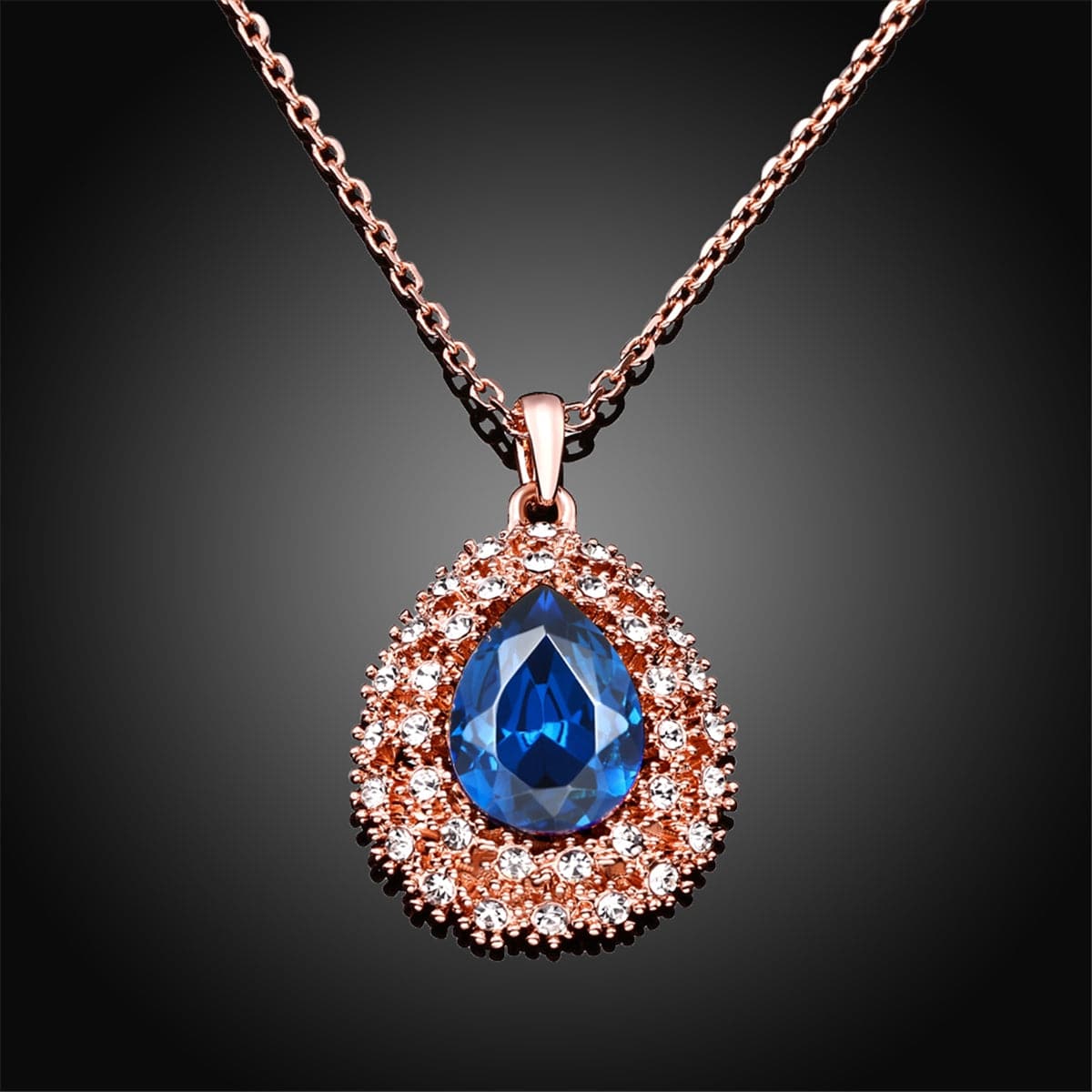 Blue Cubic Zirconia & 18k Rose Gold-Plated Teardrop Necklace - streetregion