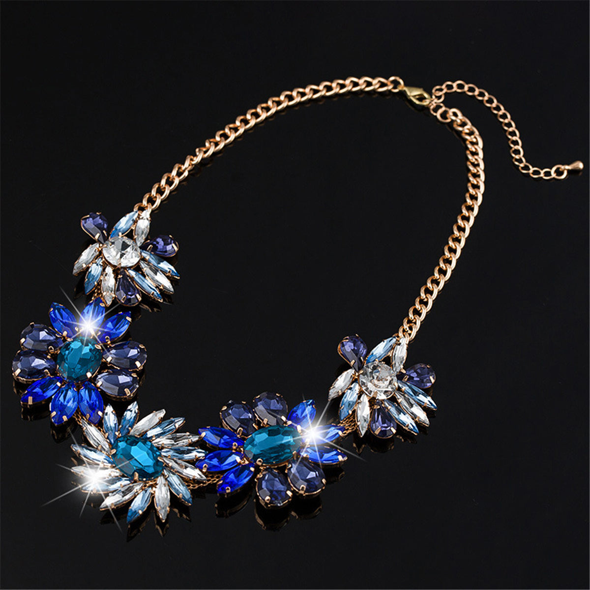 Blue Crystal and 18K Gold-Plated Flower Cluster Statement Necklace, gold pendant necklace for women, front view