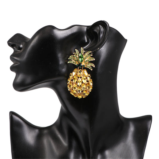 Yellow Crystal and Cubic Zirconia Pineapple Drop Earrings, drop earrings for women, dainty minimalist design, front view