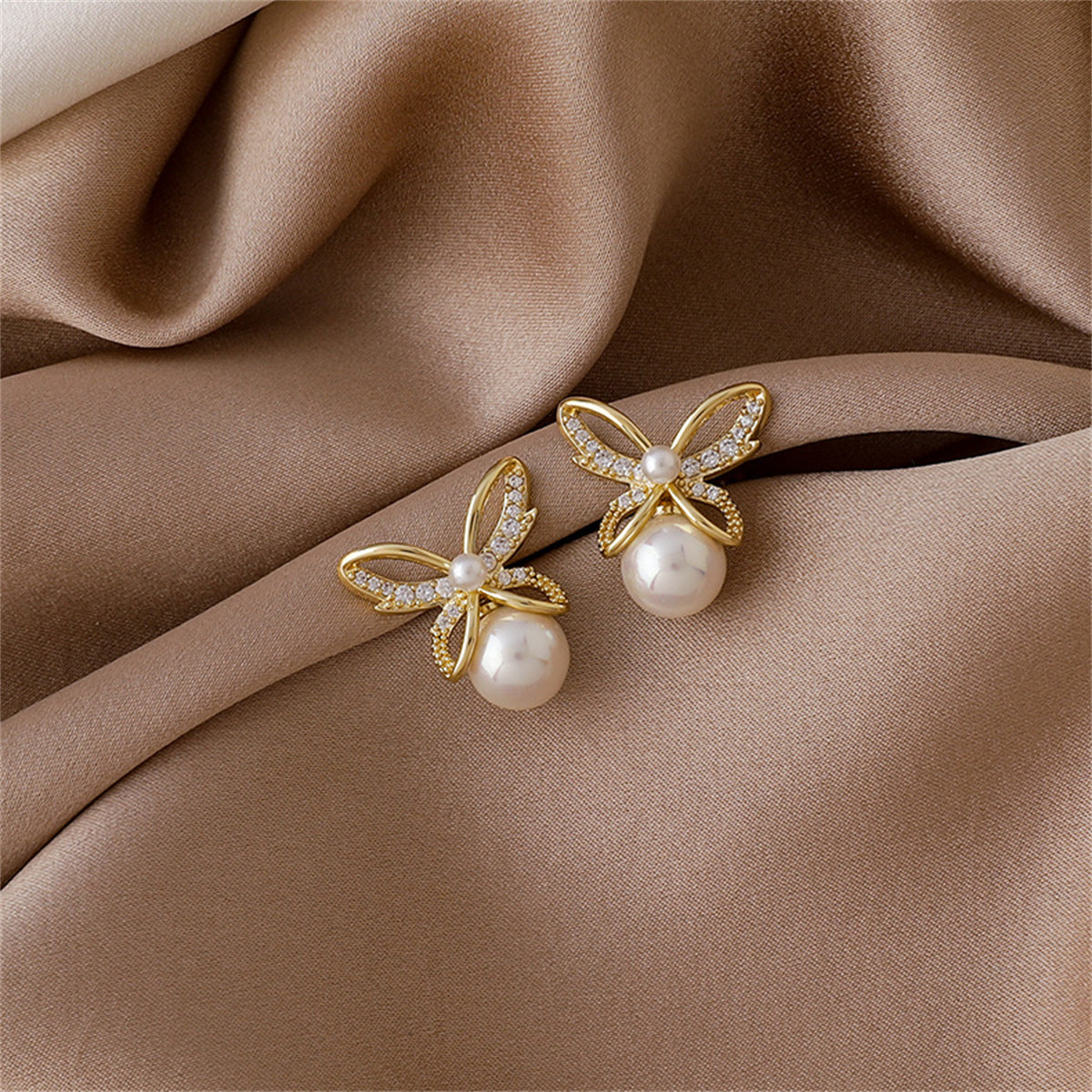 Pearl and Cubic Zirconia Openwork Butterfly Drop Earrings, drop earrings for women, elegant gift for her, lifestyle look