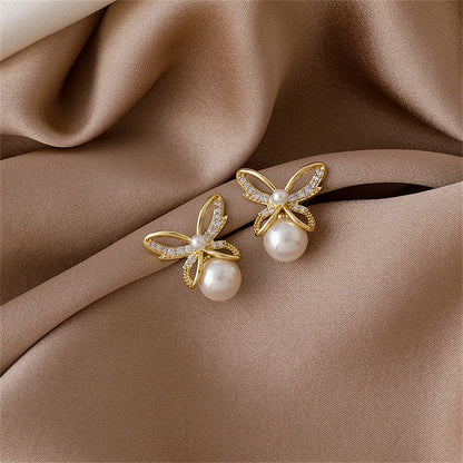 Pearl and Cubic Zirconia Openwork Butterfly Drop Earrings, drop earrings for women, elegant gift for her, lifestyle look