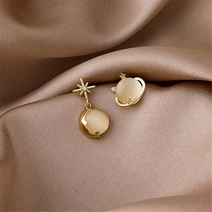 Cat-Eye and 18K Gold-Plated Planet Stud Earring and Moon Drop Earring, gold drop earrings for women, detail close-up