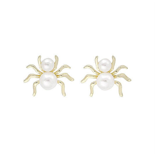 Pearl and 18K Gold-Plated Spider Stud Earrings, gold stud earrings for women, dainty minimalist design, front view