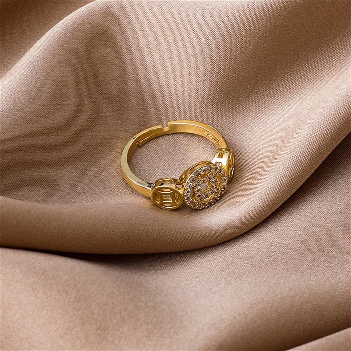 Cubic Zirconia and 18K Gold-Plated Coin Adjustable Ring, gold statement rings for women, everyday style, side view
