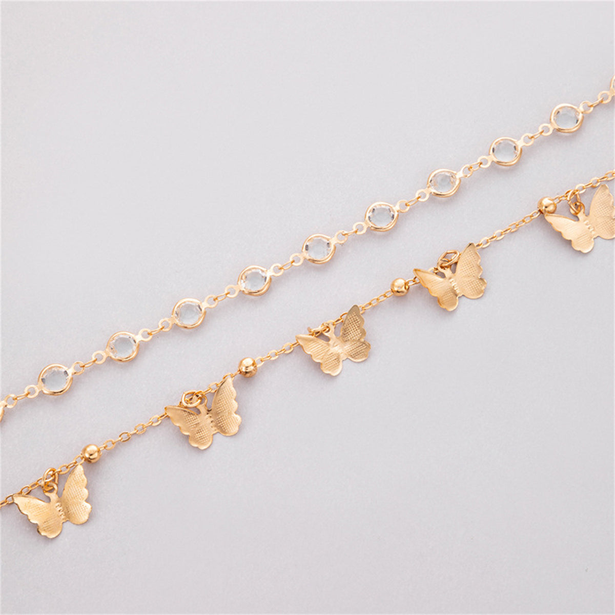 Cubic Zirconia & 18K Gold-Plated Butterfly Tassel Anklet Set