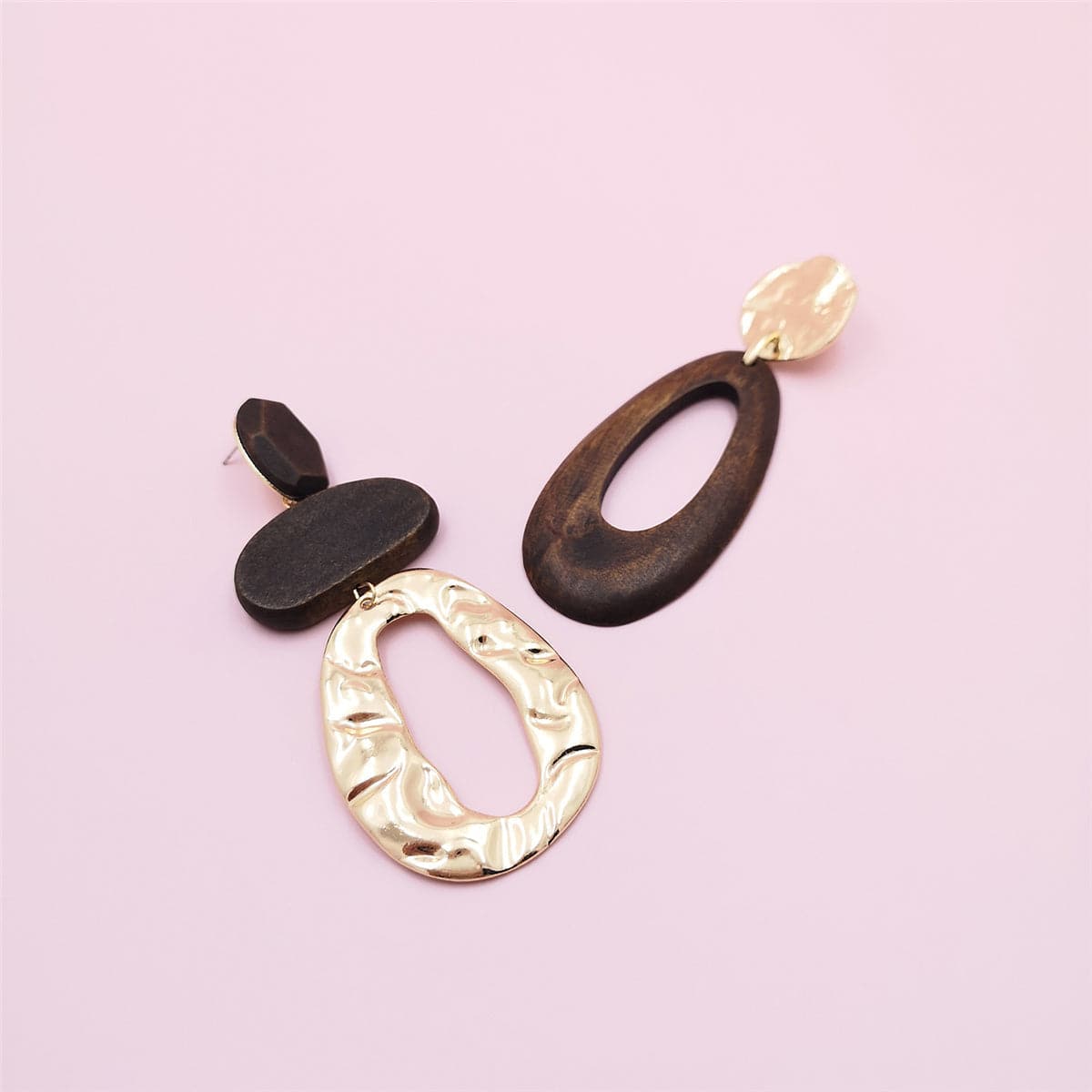 Wood and 18K Gold-Plated Geometric Mismatched Drop Earrings, gold drop earrings for women, detail close-up