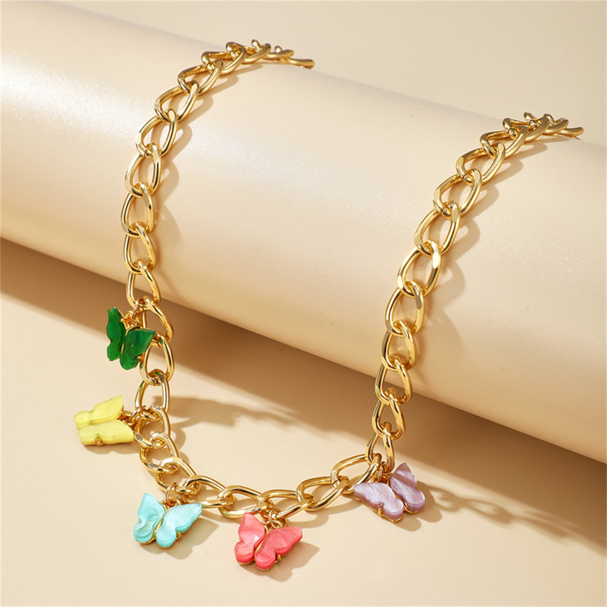 Pastel Acrylic and 18K Gold-Plated Chain Butterfly Station Necklace, gold pendant necklace for women, lifestyle look