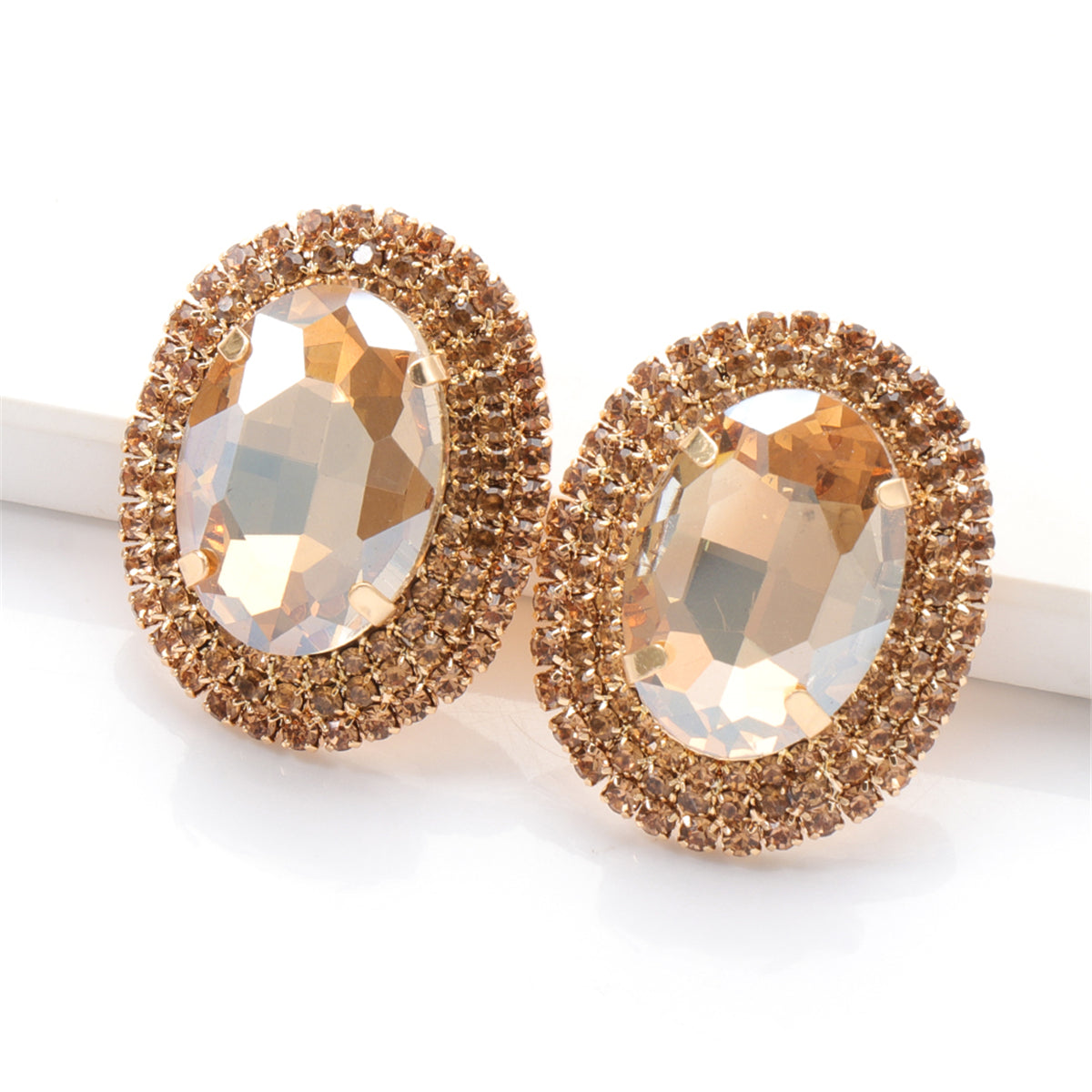 Champagne Crystal & Cubic Zirconia 18K Gold-Plated Oval Stud Earrings