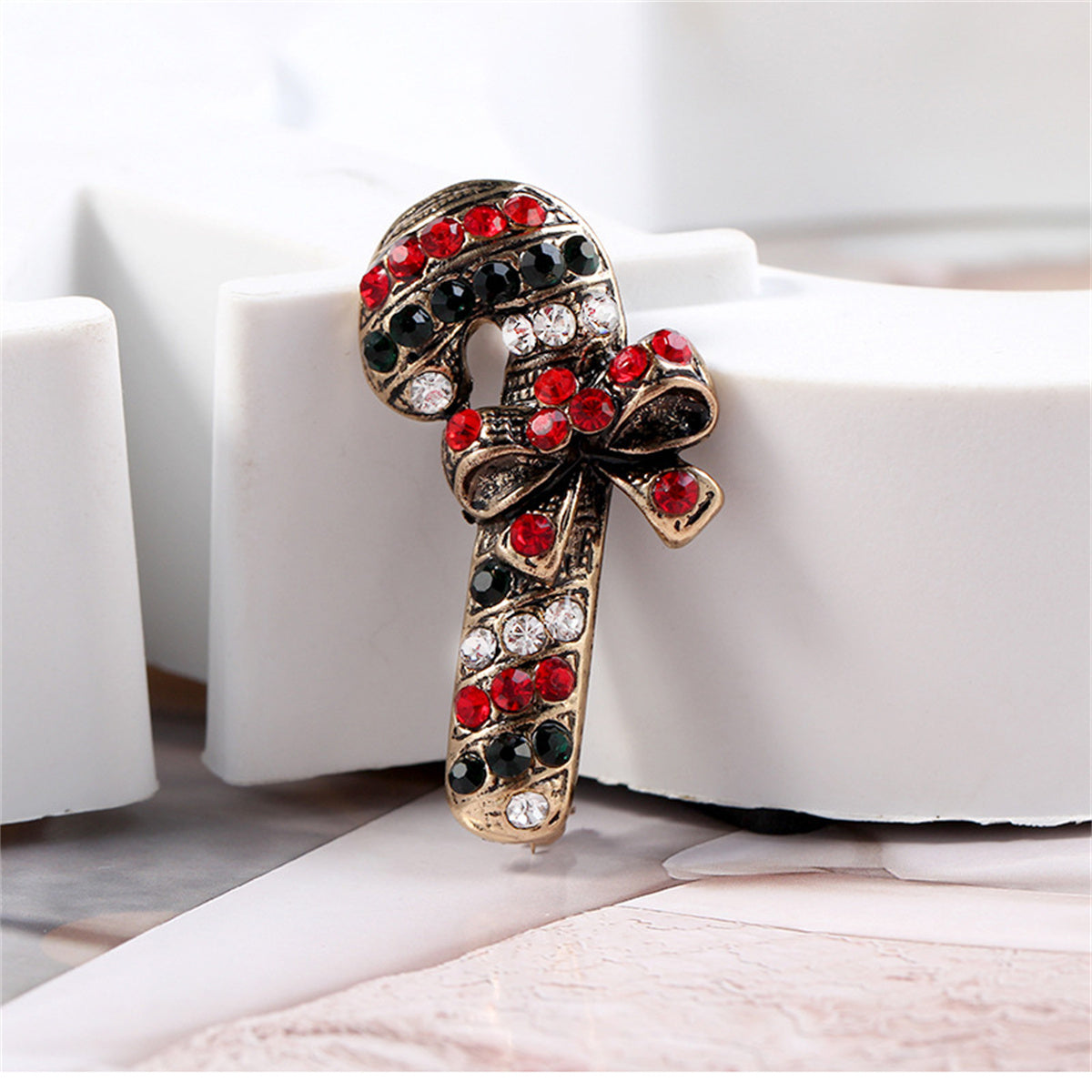 Black Cubic Zirconia and 18K Gold-Plated Candy Cane Brooch, gold brooch pin, everyday style, front view