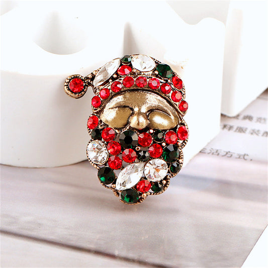 Green Cubic Zirconia and Crystal 18K Gold-Plated Santa Brooch, gold brooch pin, elegant gift for her, front view