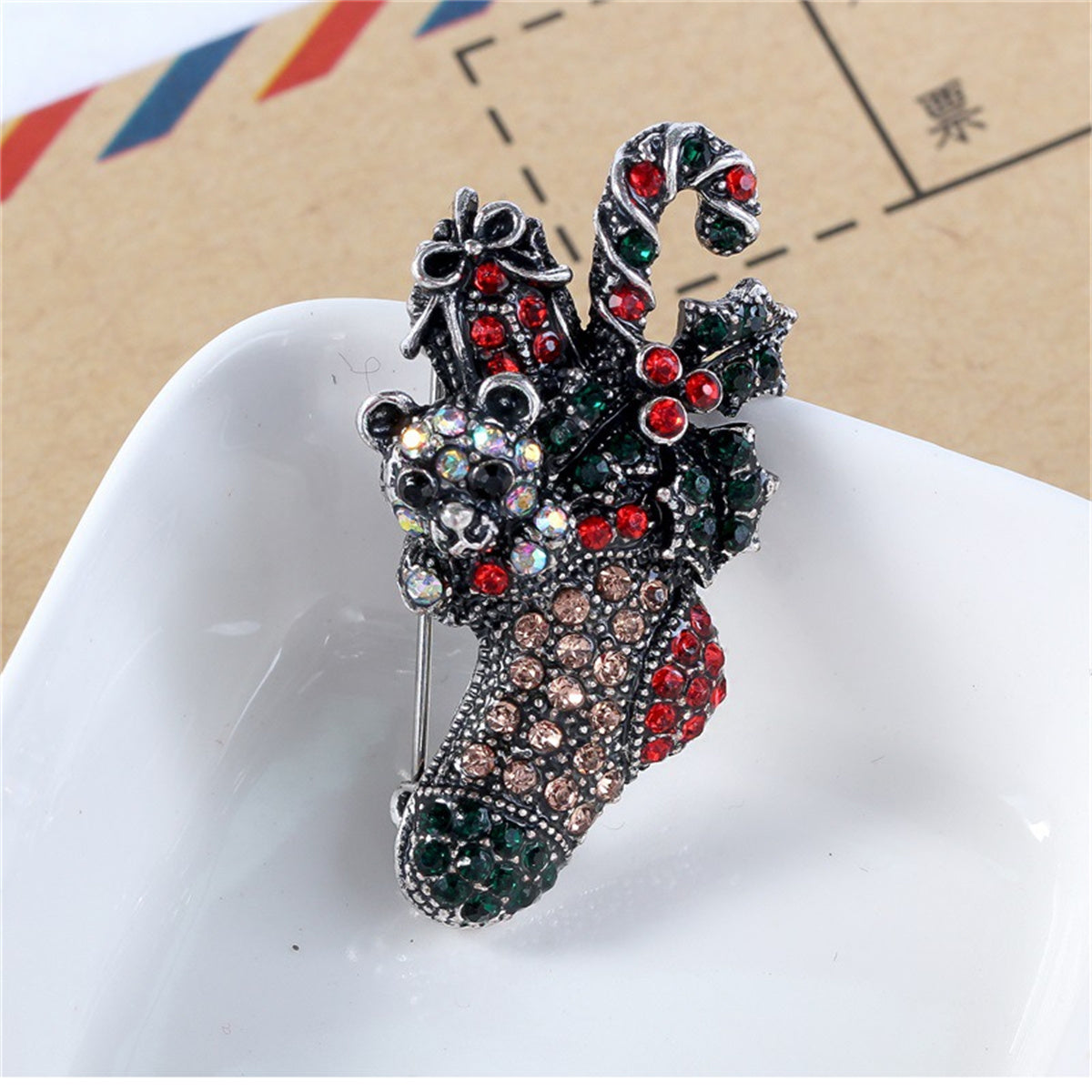 Red Cubic Zirconia & Silver-Plated Christmas Gift Box Stocking Brooch