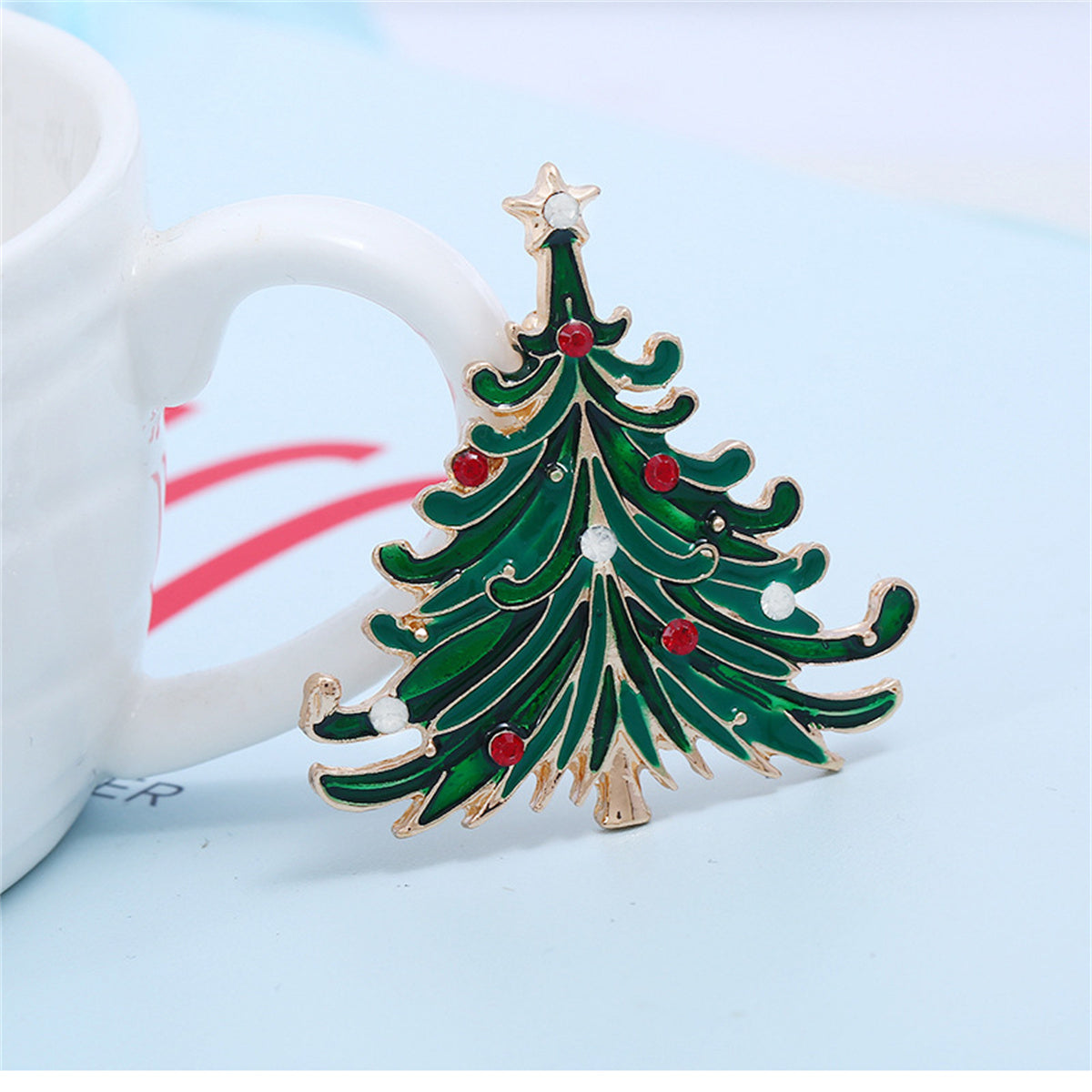 Green Enamel and Cubic Zirconia 18K Gold-Plated Curved Christmas Tree Brooch, gold brooch pin, side view