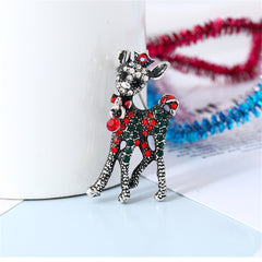 Red & Green Cubic Zirconia Silver-Plated Reindeer Brooch