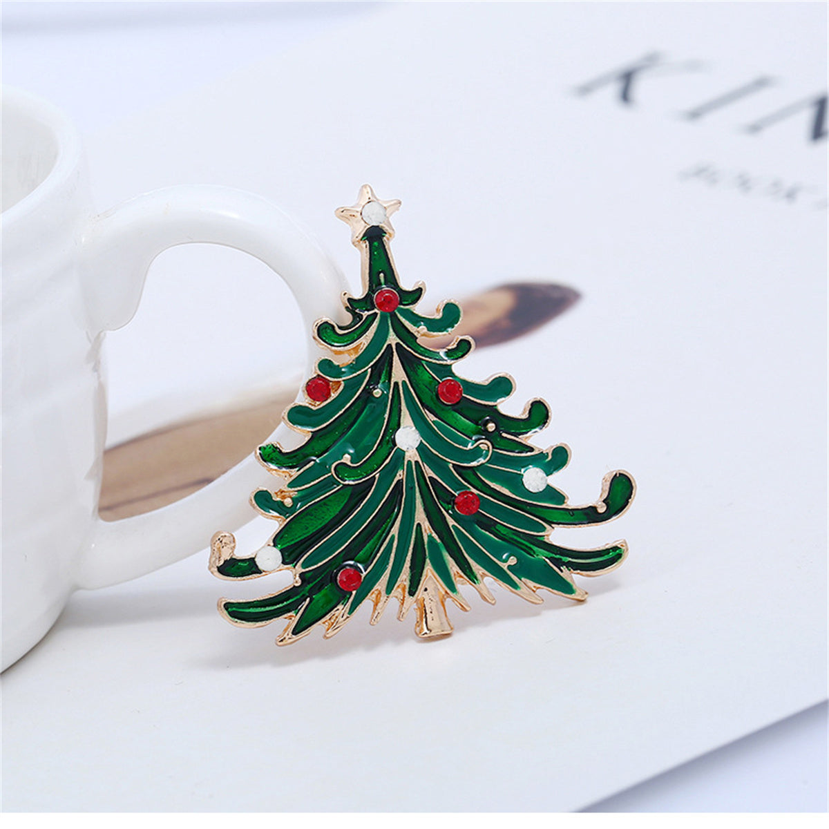 Green Enamel and Cubic Zirconia 18K Gold-Plated Curved Christmas Tree Brooch, gold brooch pin, detail close-up