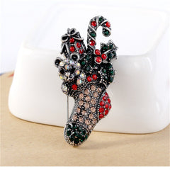 Red Cubic Zirconia & Silver-Plated Christmas Gift Box Stocking Brooch