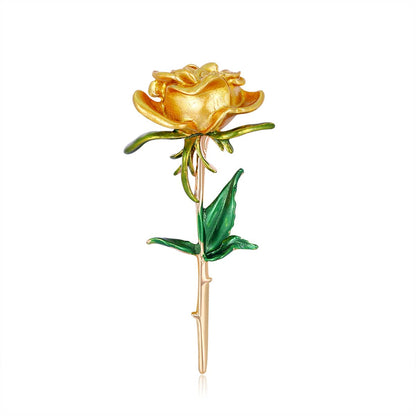 Yellow Enamel and 18K Gold-Plated Rose Brooch, gold brooch pin, botanical inspired, side view