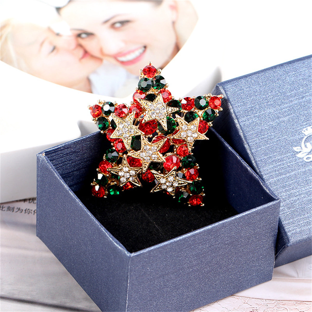 Red Cubic Zirconia & 18K Gold-Plated Stacked Star Brooch