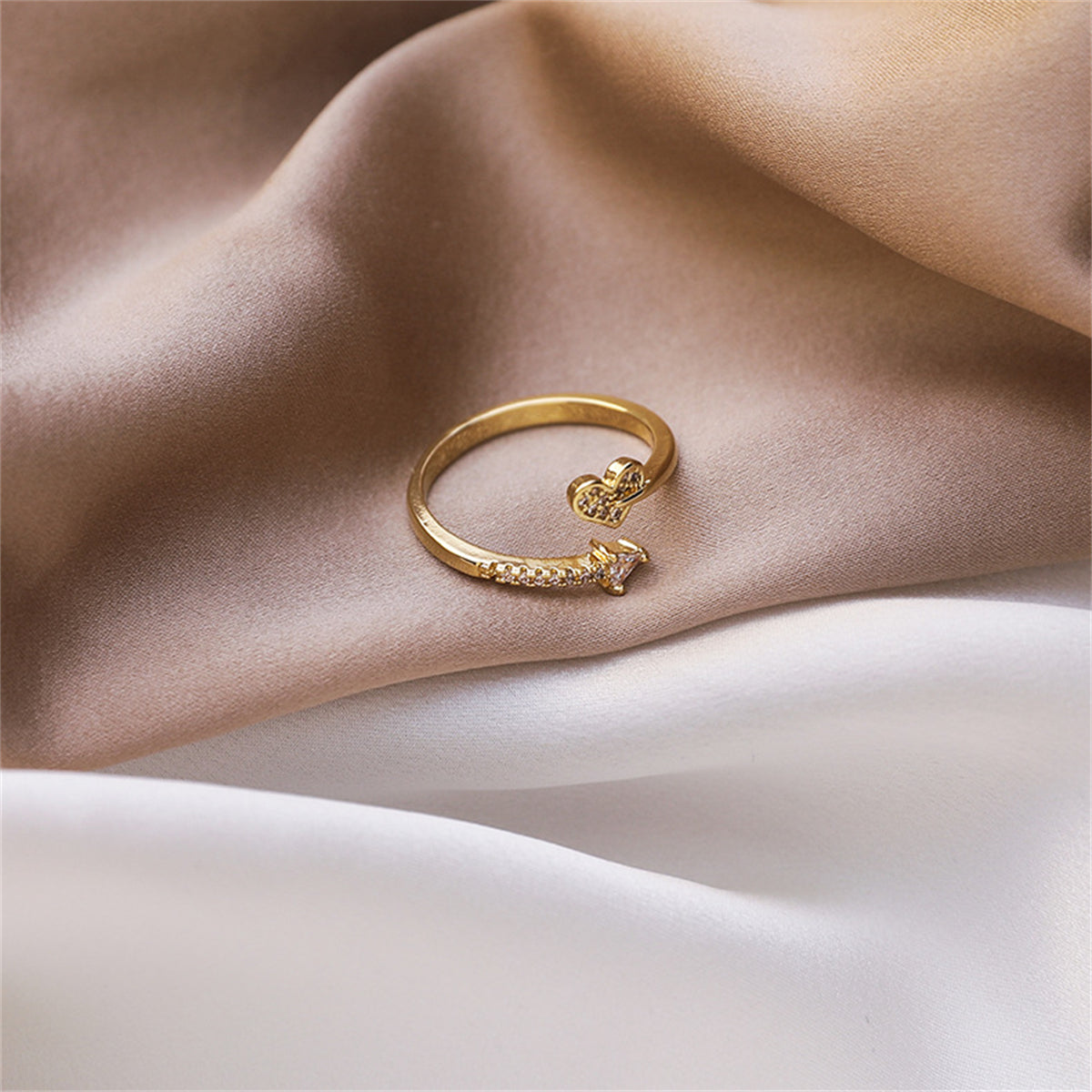 Cubic Zirconia and 18K Gold-Plated Heart Arrow Bypass Ring, gold statement rings for women, elegant gift for her, front view