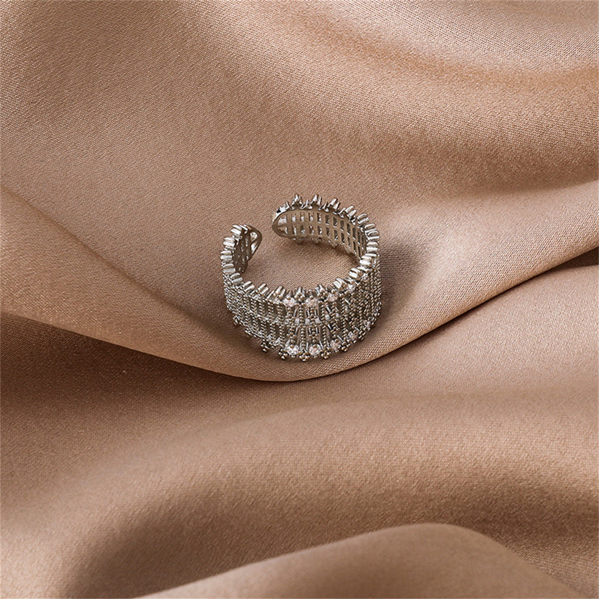 Cubic Zirconia and Silver-Plated Line Adjustable Ring, silver statement rings for women, detail close-up