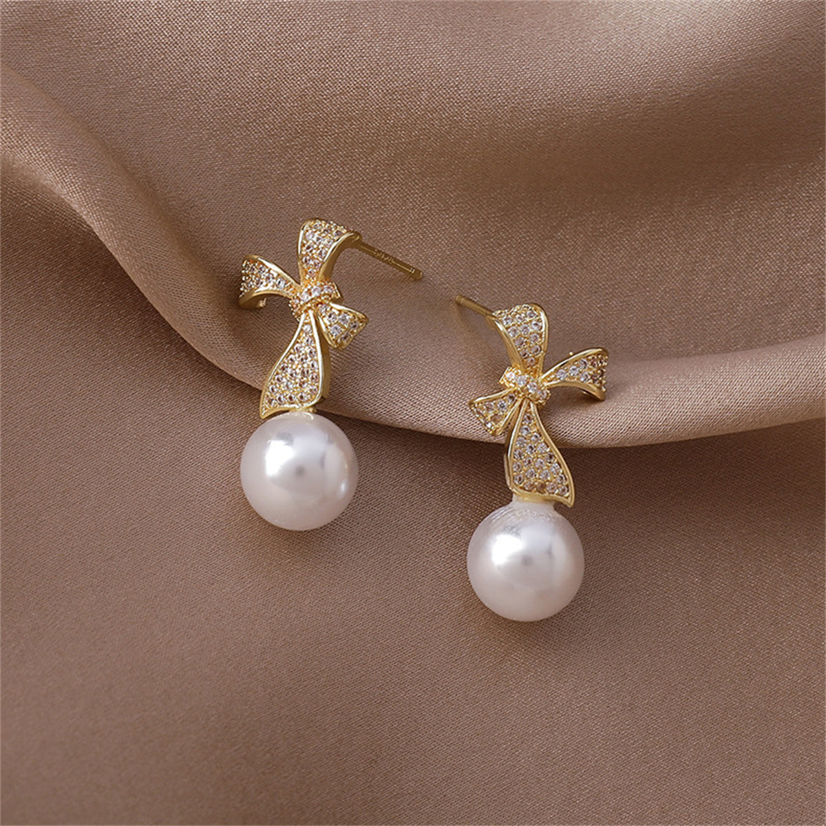 Pearl and Cubic Zirconia Pav¨¦ Bow Drop Earrings, drop earrings for women, elegant gift for her, styled look