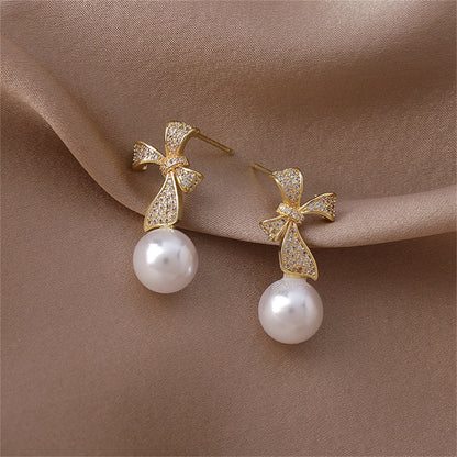 Pearl and Cubic Zirconia Pav¨¦ Bow Drop Earrings, drop earrings for women, elegant gift for her, styled look