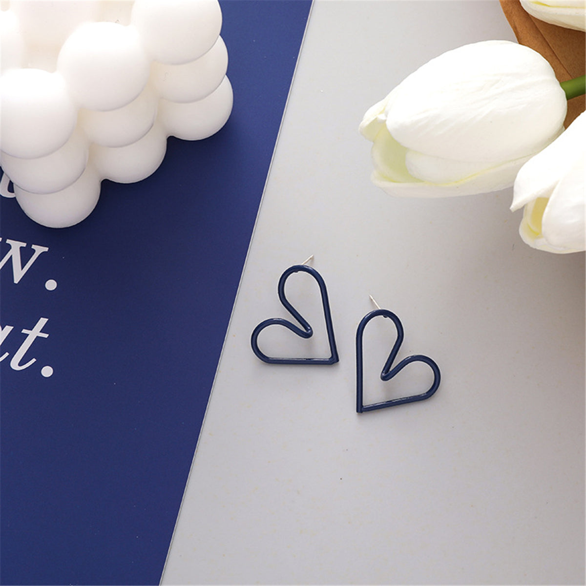 Blue Enamel and Silver-Plated Open Heart Stud Earrings, silver stud earrings for women, elegant gift for her, side view