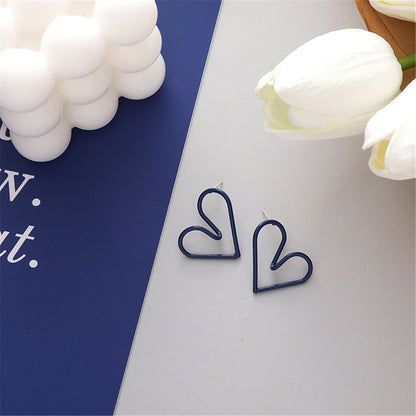 Blue Enamel and Silver-Plated Open Heart Stud Earrings, silver stud earrings for women, elegant gift for her, side view