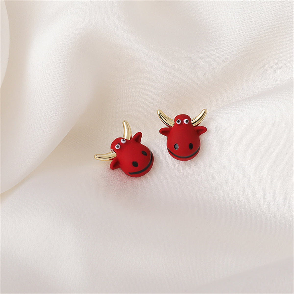 Red Polymer Clay and 18K Gold-Plated Cattle Stud Earrings, gold stud earrings for women, botanical inspired, lifestyle look
