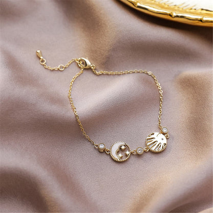 Cubic Zirconia and Shell 18K Gold Plated Round Moon Sun Charm Bracelet, gold bracelet for women, everyday style, styled look