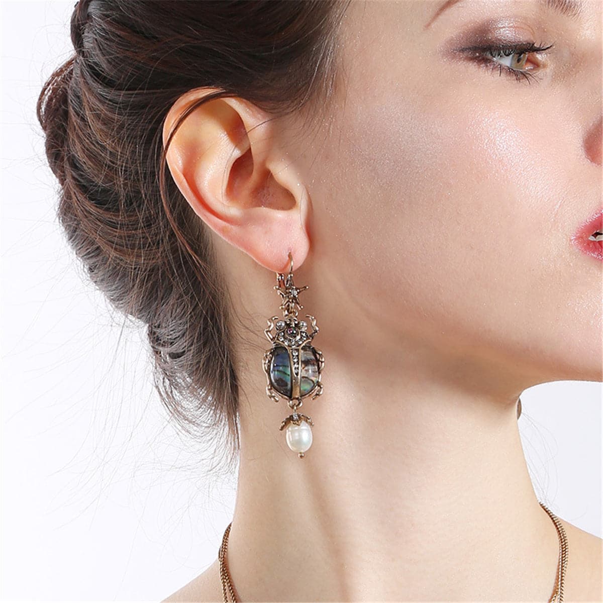 Pearl & Cubic Zirconia Beetle Drop Earrings