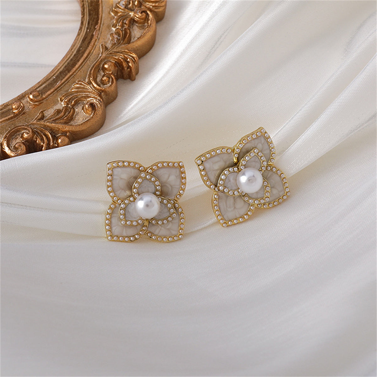 Pearl & White Camellia 18K Gold-Plated Stud Earrings