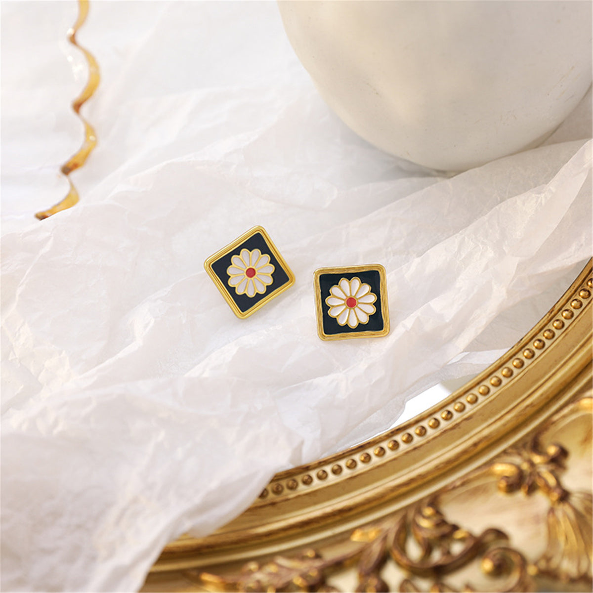 Black Enamel and 18K Gold-Plated Mum Square Stud Earrings, gold stud earrings for women, elegant gift for her, side view
