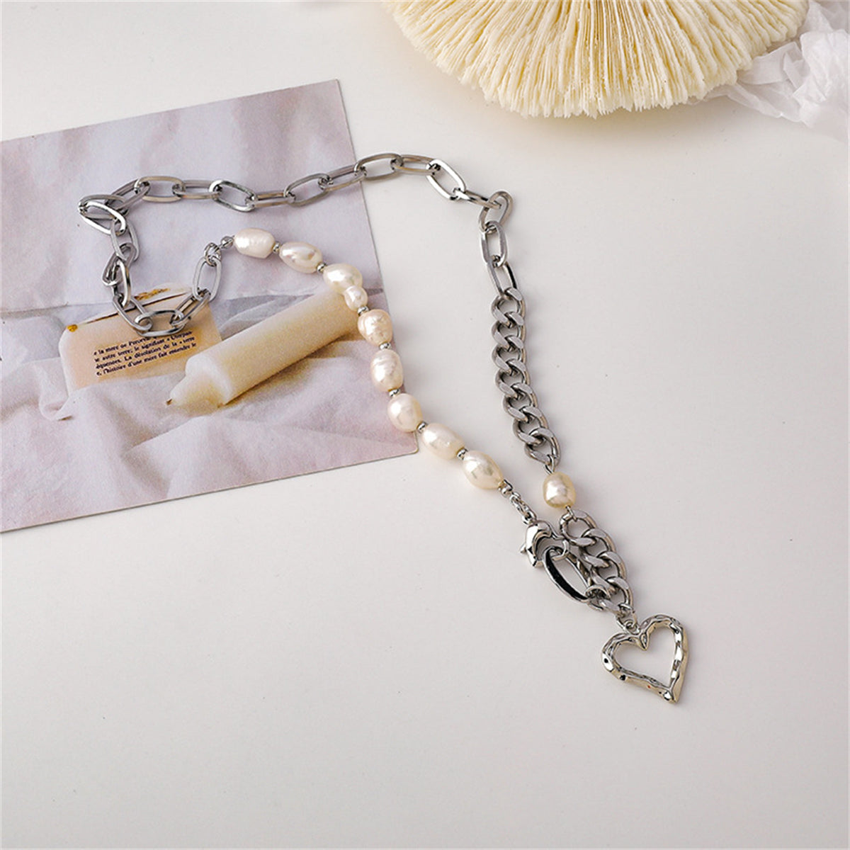 Pearl and Silver-Plated Open Heart Pendant Necklace, silver pendant necklace for women, detail close-up