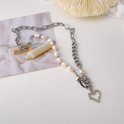 Pearl and Silver-Plated Open Heart Pendant Necklace, silver pendant necklace for women, detail close-up