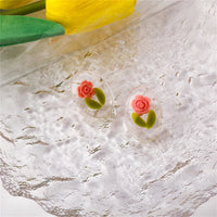 Pink & Green Rose Oval Stud Earrings